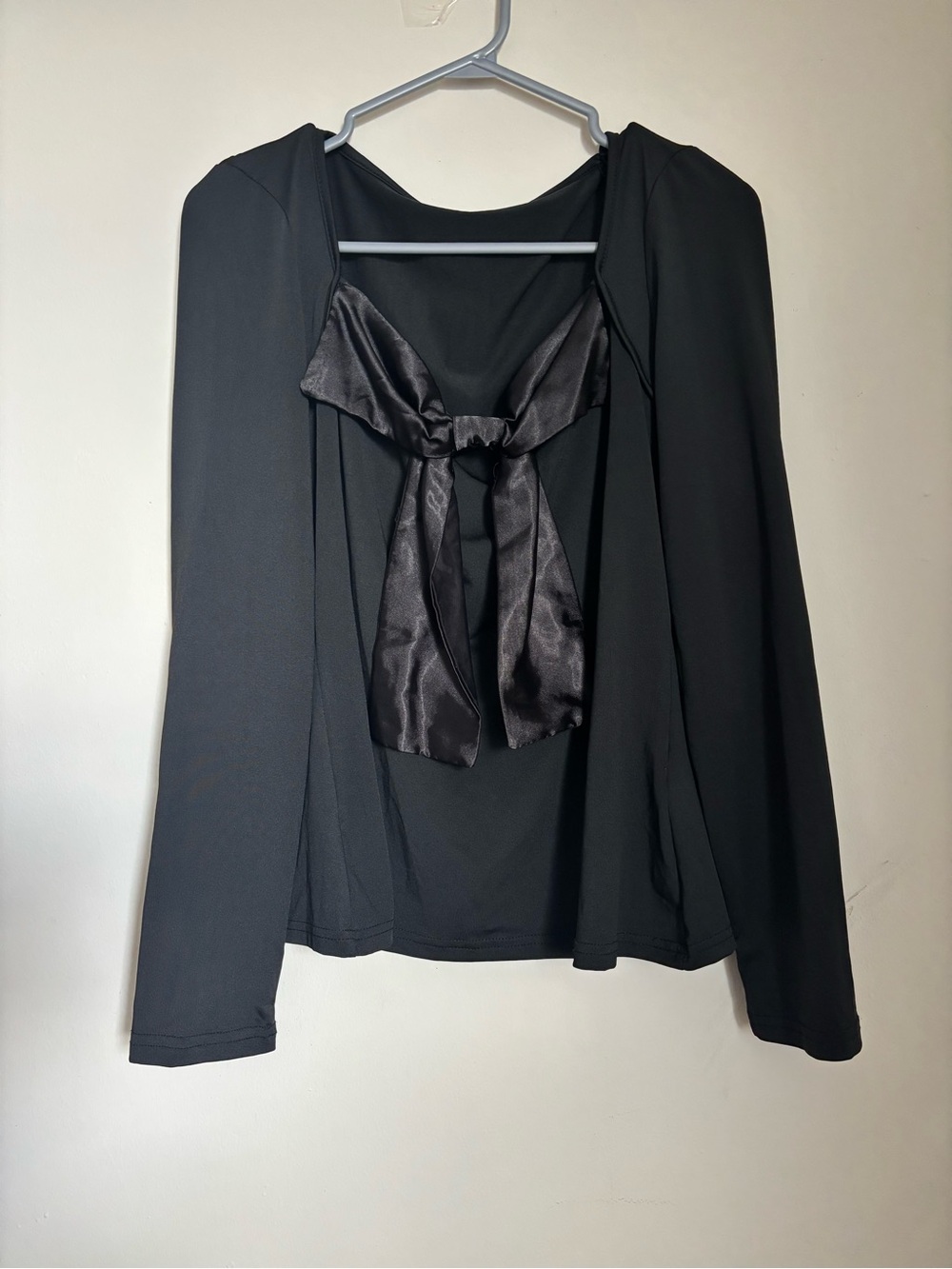 SHEIN Black Long Sleeve Satin Bow Detail Top XL